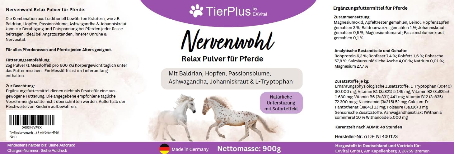 EXVital TierPlus Nervenwohl polvere cavalli 900 g relax