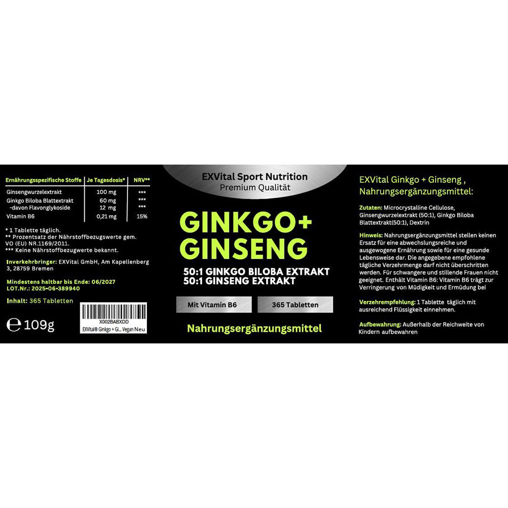 EXVital Gehirn & Fokus Ginkgo Ginseng compresse 365 pezzi 50:1
