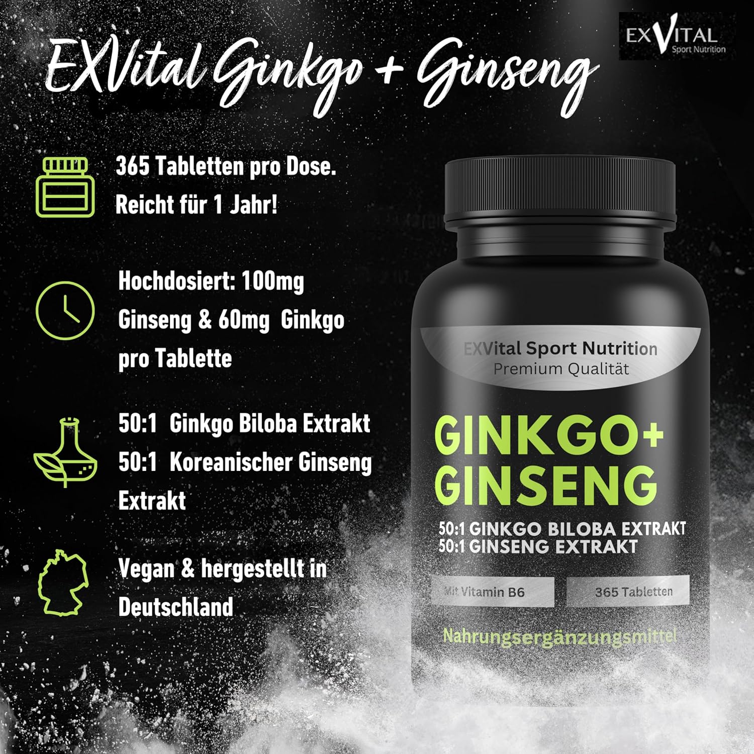 EXVital Gehirn & Fokus Ginkgo Ginseng compresse 365 pezzi 50:1