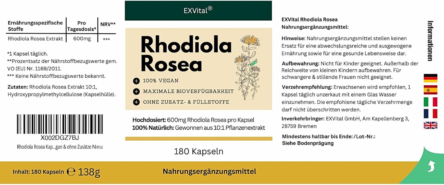 EXVital Rhodiola Rosea 180 capsule 600 mg estratto 10:1