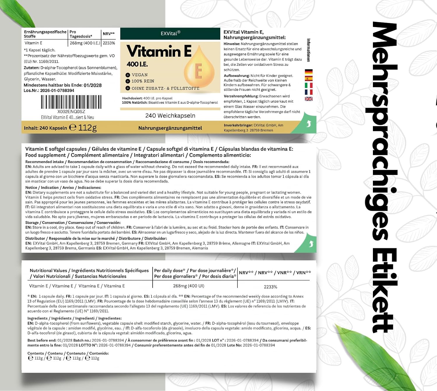 EXVital Essentials Vitamina E capsule 400 UI 240 pezzi girasole