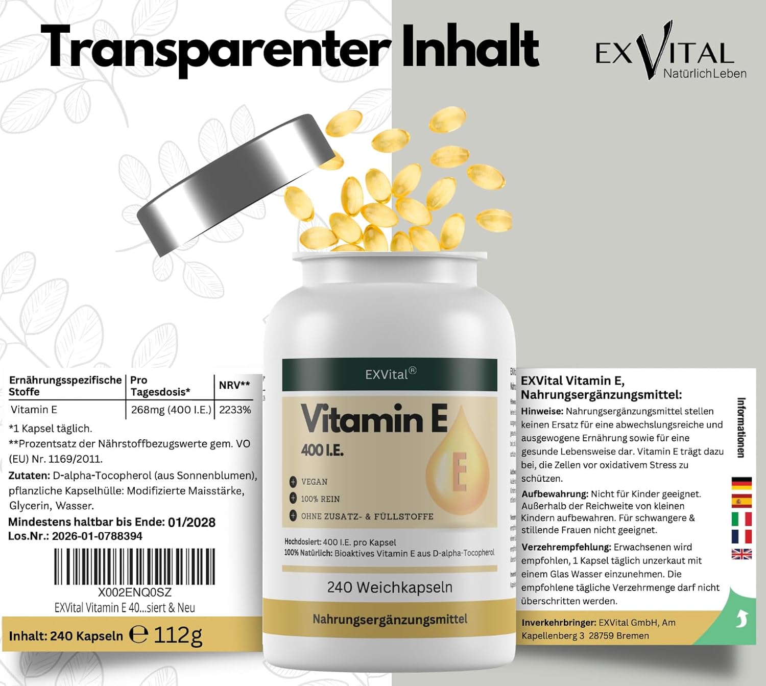 EXVital Essentials Vitamina E capsule 400 UI 240 pezzi girasole