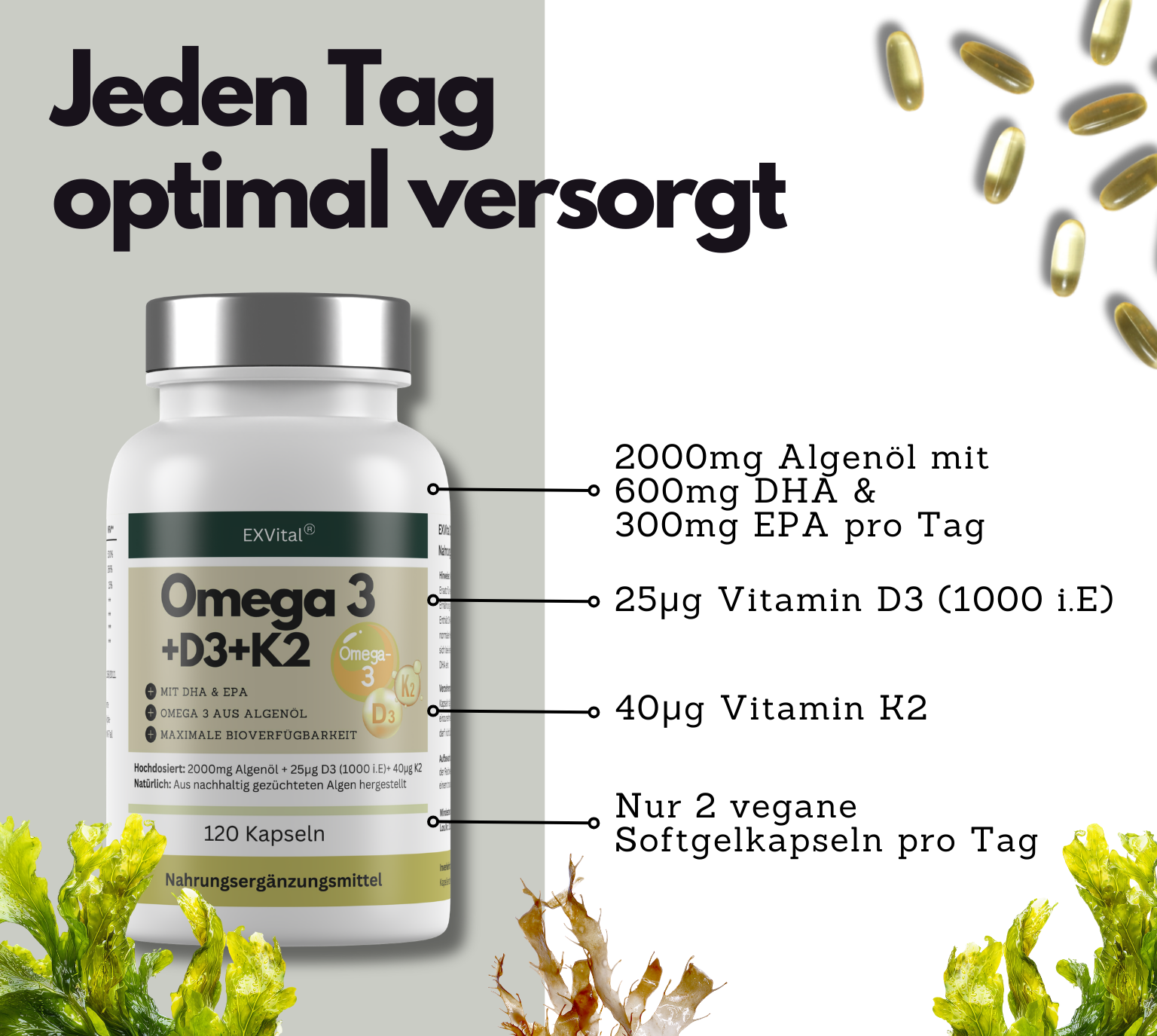 EXVital Omega 3 D3 K2 capsule 120 olio alghe vegano