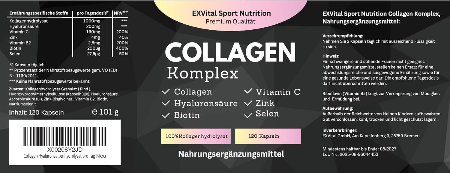 EXVital Kollagen Collagene Acido Ialuronico 120 capsule 1000 mg
