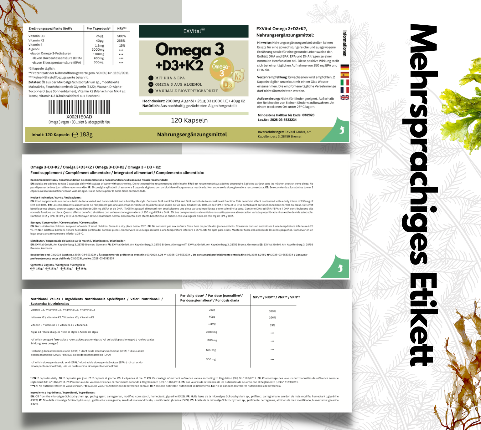 EXVital Omega 3 D3 K2 capsule 120 olio alghe vegano