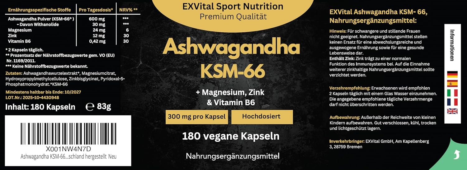 EXVital Schlaf Ashwagandha KSM-66 capsule 180 pezzi 600 mg