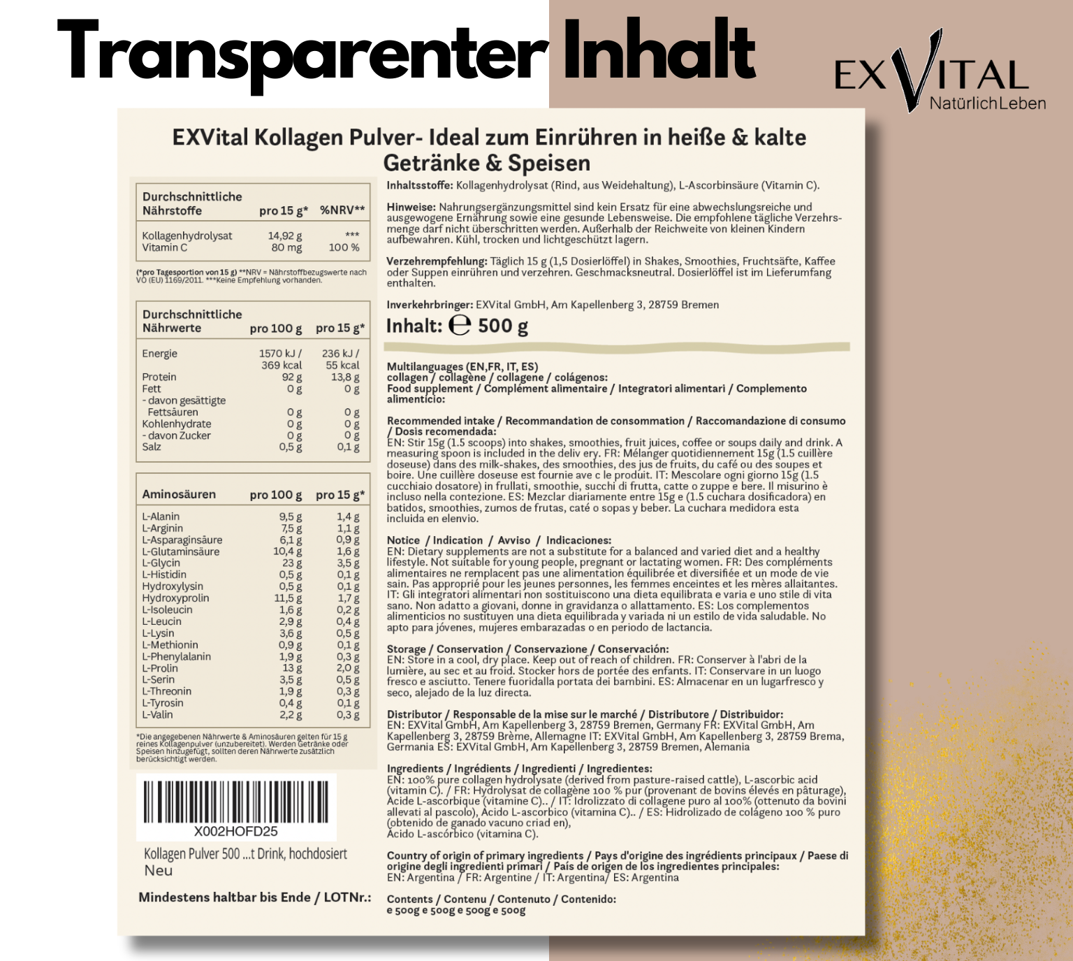 EXVital Kollagen Polvere 500g con Vitamina C