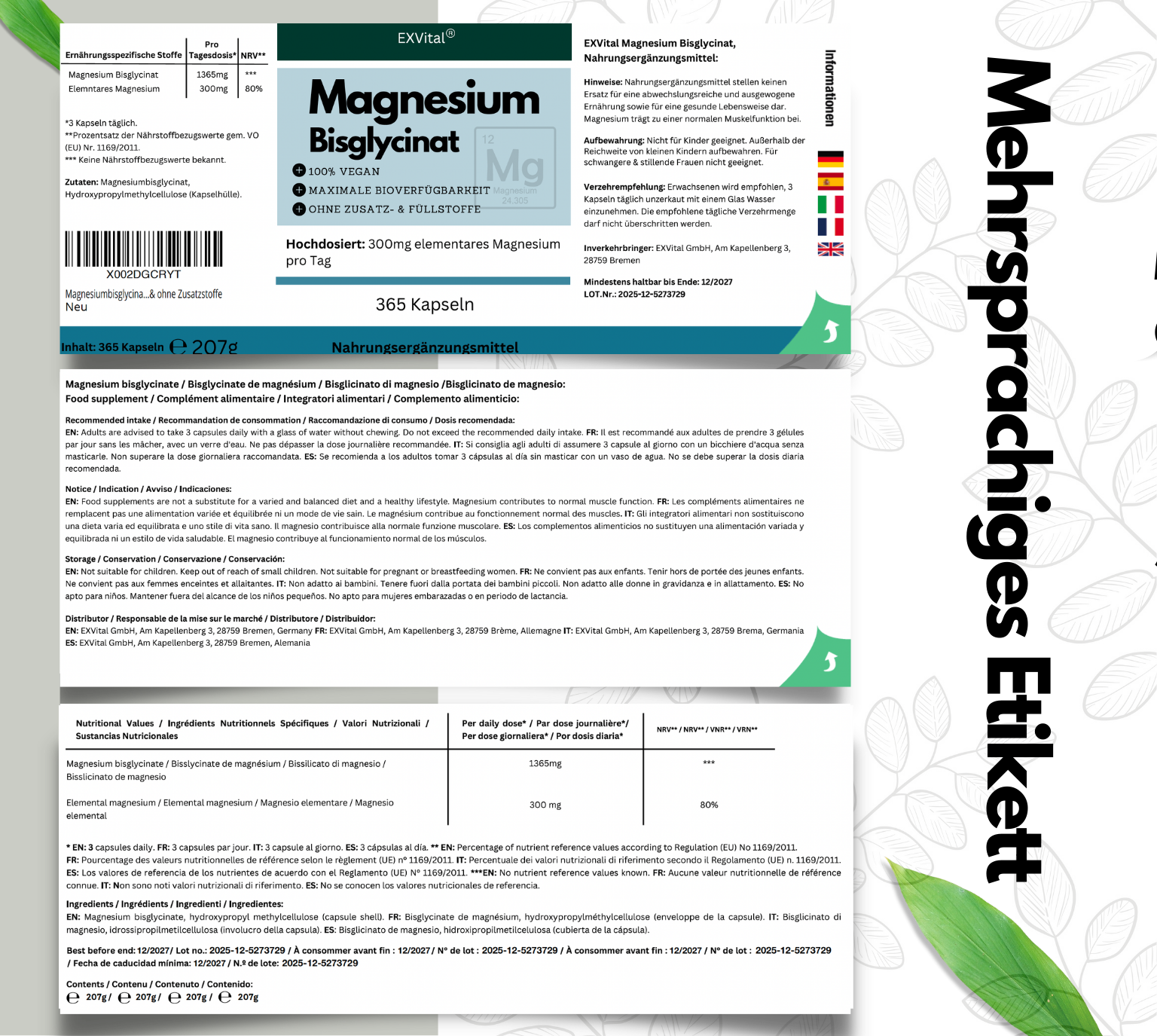 EXVital Magnesiumbisglycinat capsule 365 pz 300 mg magnesio