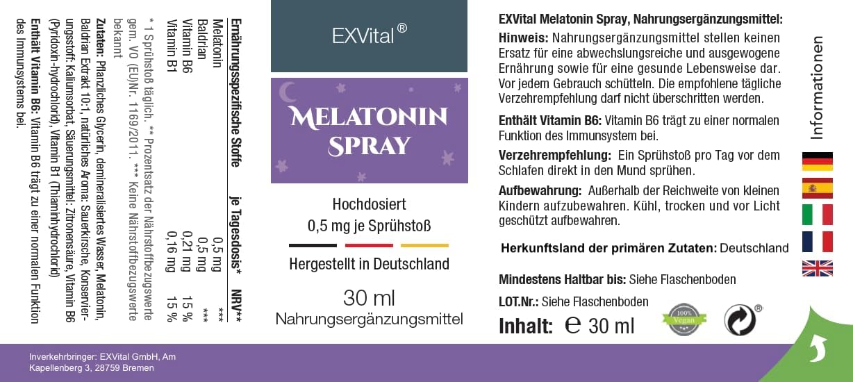 EXVital Schlaf Spray Melatonina Valeriana 30 ml 0,5 mg