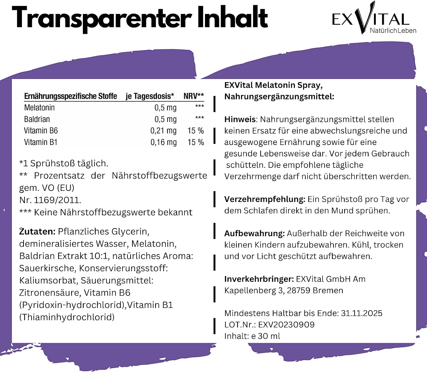 EXVital Schlaf Spray Melatonina Valeriana 30 ml 0,5 mg