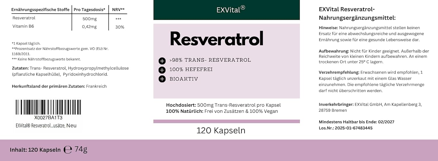 EXVital Beauty Resveratrol 500mg capsule 120 pz vegane