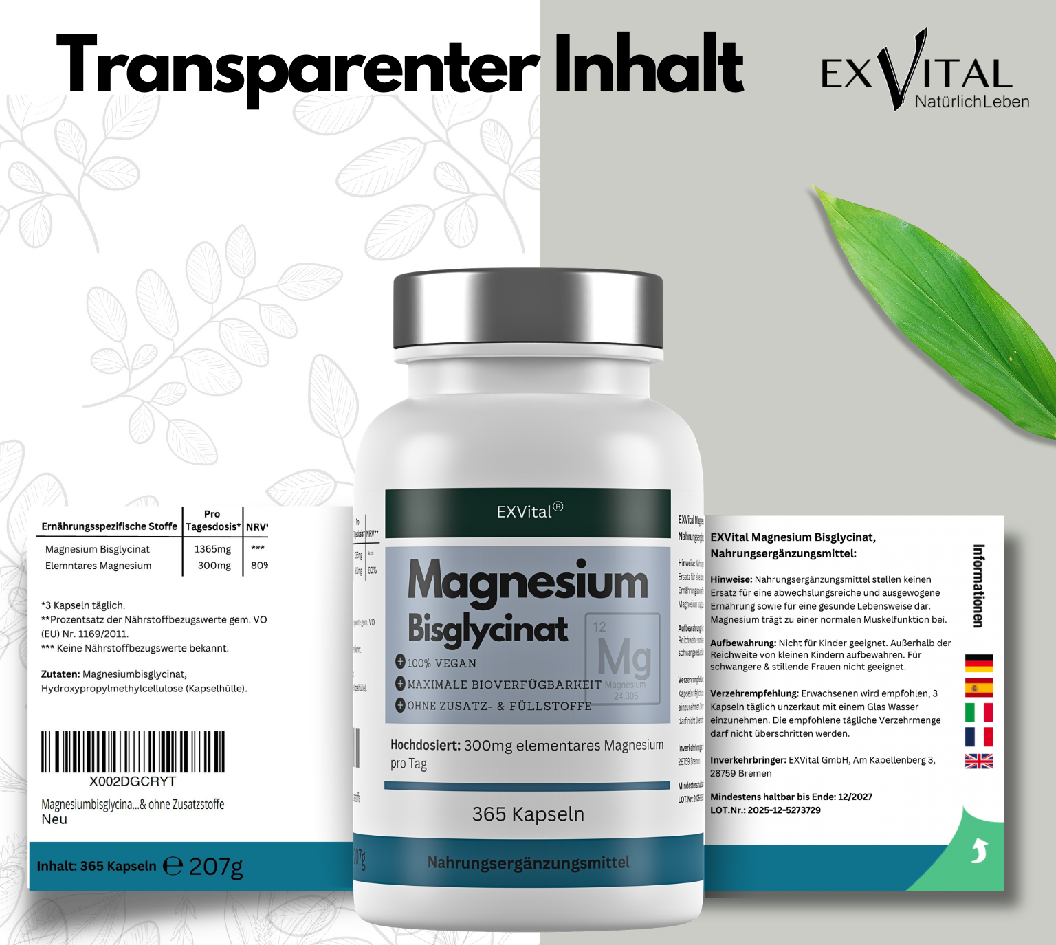 EXVital Magnesiumbisglycinat capsule 365 pz 300 mg magnesio